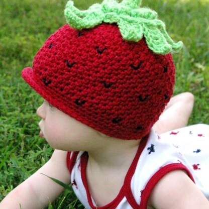 Crochet pattern strawberry beanie hat with peek-a-boo brim