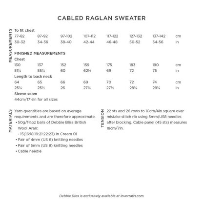 Cabled Raglan Sweater -  Knitting Pattern for Women in Debbie Bliss British Wool Aran by Debbie Bliss