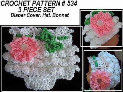 534, Crochet Ruffled Diaper Cover, Hat, and Bonnet