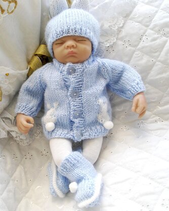 Knitting Pattern 10" Dolls Bunny Motif Cardigan, Hat and Boots