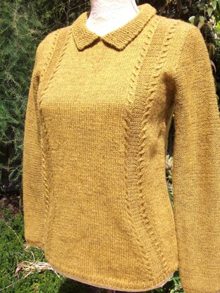 Sweater with Collar, Curved Cables & Button Fastening