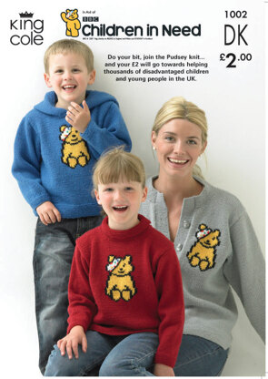 Children in Need Pudsey Bear Sweaters and Cardigan Knitted in King Cole Merino Blend DK - 1002