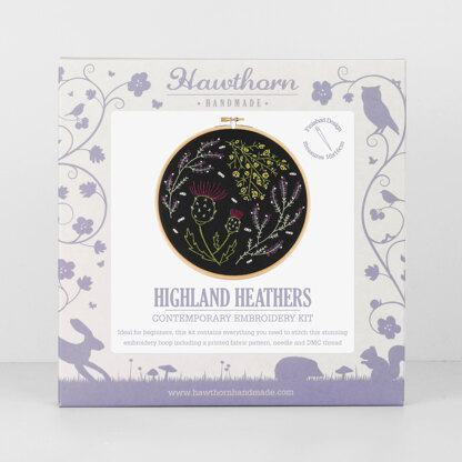 Hawthorn Handmade Highland Heathers Black Printed Embroidery Kit