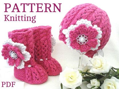 Knitted Baby Set with Crochet Flowers by Elena Mitchell Booties and Hat