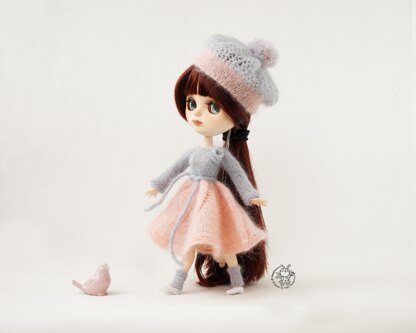 Pink and gray outfit for doll knitted flat