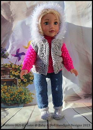 Knitting Pattern OG1 Jeggings, Sweater, Bodywarmer & Boots to fit 18 inch Fashion Doll