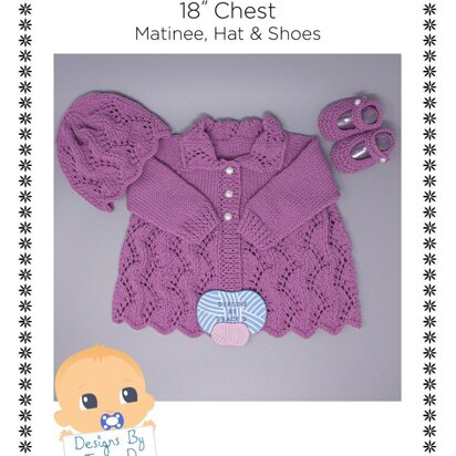 Sarahjane matinee coat, hat and shoes baby knitting pattern 18" chest size