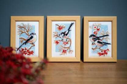 Vervaco Long-tailed Tits & Red Berry Minature Cross Stitch Kits (3 pcs) - 8cm x 12cm