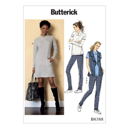 Butterick Misses' Lapped Collar Tops and Dress, Draped Collar Vest, and Pleated Pants B6388 - Sewing Pattern