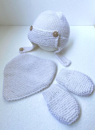 Pattern: knitted baby set - aviator hat, mittens and bandana scarf