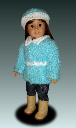 Pdf doll clothes knitting pattern, fits 18 inch and American Girl dolls. Winter Jacket and matching Hat.