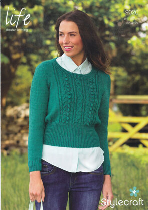 Women's Short Cable Jumper in in Stylecraft Life DK - 9026