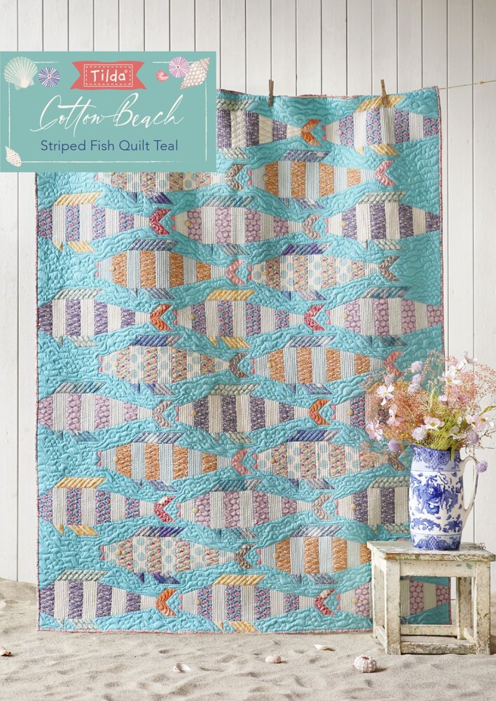 Tilda Cotton Beach Striped Fish Quilt Teal - Downloadable PDF | LoveCrafts tilda-cotton-beach-striped-fish-quilt-teal-downloadable-pdf-lovecrafts