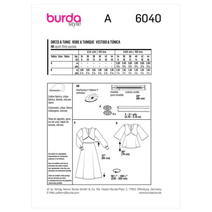 Burda Style Ladies Outerwear Dress / Blouse B6040 - Paper Pattern, Size 34 - 44