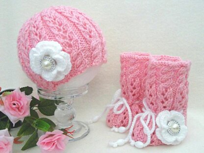 Knitted Baby Set with Crochet Flowers by Elena Mitchell Booties and Hat