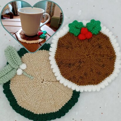 PDF Christmas Knitting Pattern DK Coasters Coffee Tea Gift Set Charity EASY Christmas Pudding Holly Mistletoe Christmas Eve Feliz Navidad