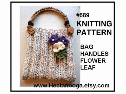 689P - Knitted Purse Handbag, Handles, Flower, and Leaf