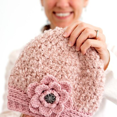 Easy Chunky Winter Hat with Flower - 3 Sizes