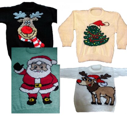 4 x Plus Size Christmas Jumper Knitting Patterns #11 Santa Tree Rudolph