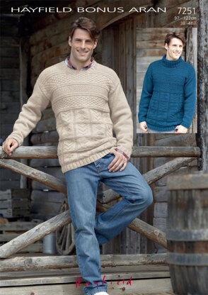 Round Neck and Stand Up Neck Sweaters in Hayfield Bonus Aran with Wool - 7251 - Downloadable PDF