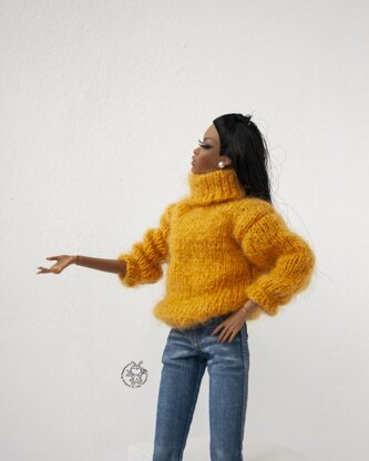 Yellow sweater for 12" dolls knitted flat