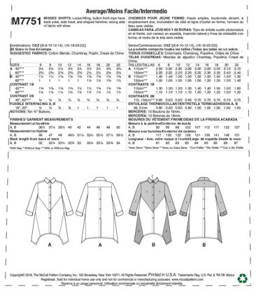 McCall's Misses' Shirts M7751 - Paper Pattern Size 6-8-10-12-14-16-18-20-22