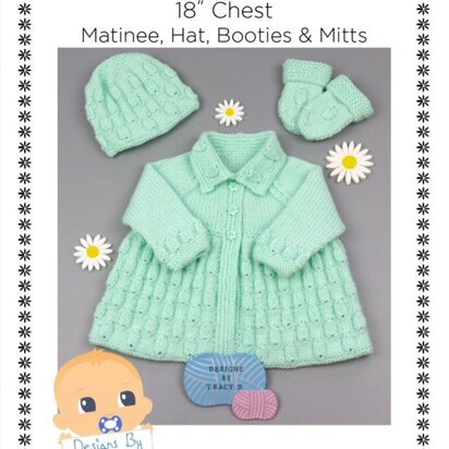 Daisy matinee, bonnet or beanie, booties & mitts Baby Knitting Pattern