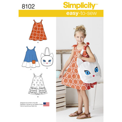 Simplicity Child's Easy-to-Sew Sundress and Kitty Tote 8102 - Paper Pattern, Size A (3-4-5-6-7-8)