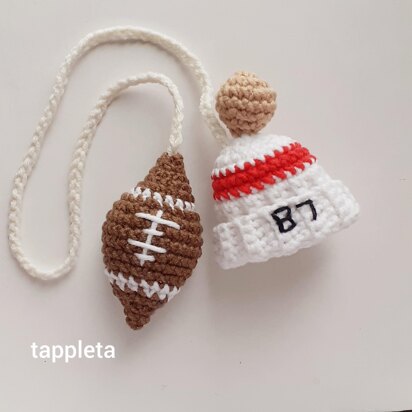 Football fan charm keychain crochet pattern, Rear view mirror car charm for swiftie, Red striped beanie hat 87, Taylor Travis love fan gift