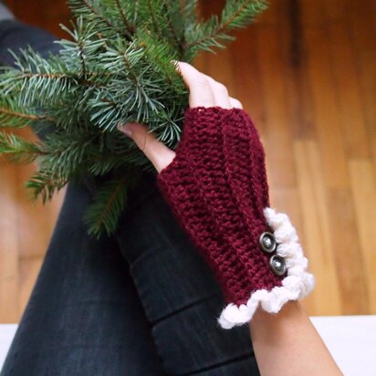 Knit look fingerless mittens with ruffles