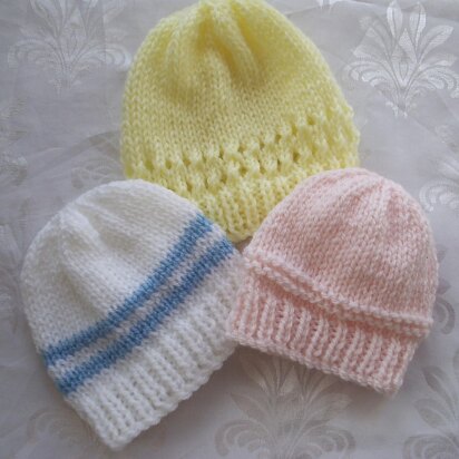 Baby Hat Trio - straight needles DK knitting pattern premature early small baby newborn-3 months - knitting pattern