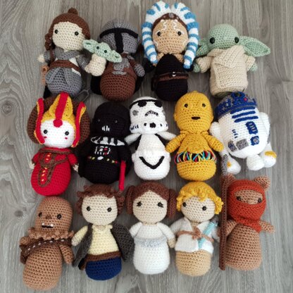 Star Wars amigurumi crochet pattern Ahsoka Tano Mando Baby Yoda Padme Stormtrooper Rey C3PO R2D2 Leia Luke Han Solo Chewbacca Ewok Vader