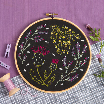 Hawthorn Handmade Highland Heathers Black Printed Embroidery Kit