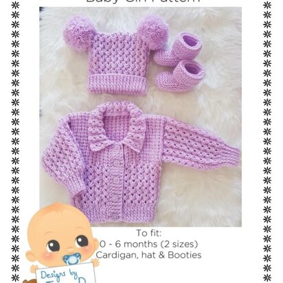 Skye baby knitting pattern, 0-6mths Cardy, hat and booties