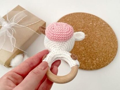 Cow crochet pattern Baby rattle toy Amigurumi farm animal Teether ring