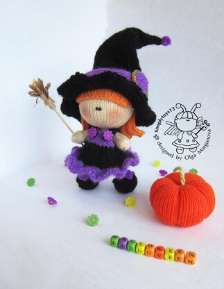 Young Witch doll and Pumpkin knitted flat