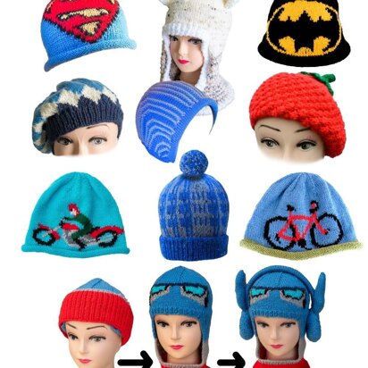 Cute Hats to Knit 5 - bicycle, raspberry beret, motorbike, Artic fox