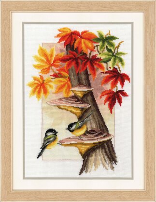 Vervaco Chickadees Between Leaves Cross Stitch Kit - 26 x 37 cm