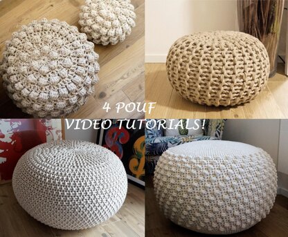 VIDEO TUTORIAL 4 Knitted & Crochet Pouf Floor cushion Patterns, Crochet Pattern, Knit Pattern