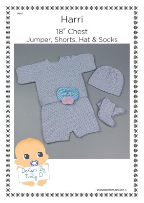 Harri Jumper, shorts, hat and socks baby knitting pattern 18" chest