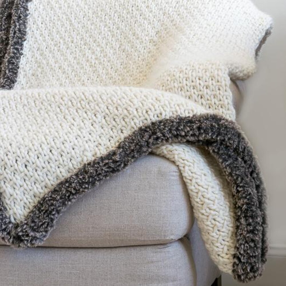 Half Linen Stitch Knit Blanket with Faux Fur Trim Knitting pattern