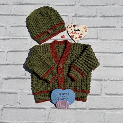 Autumn cardigan and hat baby knitting pattern 16 inch & 18 inch chest sizes