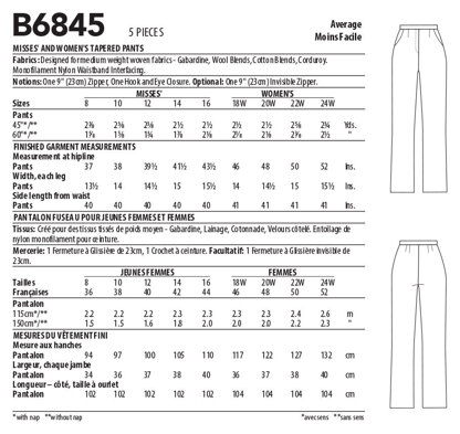 Butterick Misses' & Women's Tapered Pants B6845 - Sewing Pattern