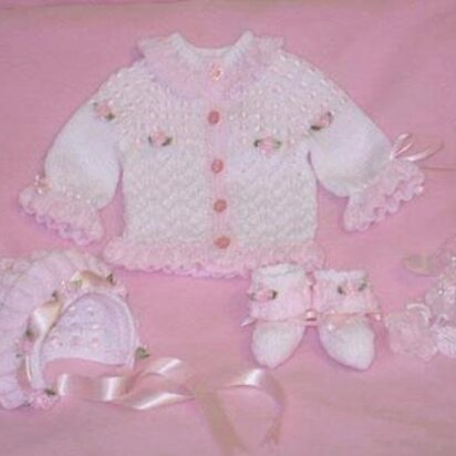 Frilly Edged Cardi, booties and bonnet ref:11