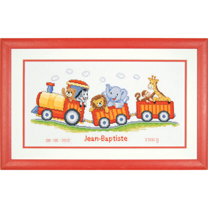 Vervaco Safari Train Birth Sampler Cross Stitch Kit - 38cm x 18cm