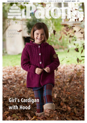 Girl's Cardigan with Hood in Patons Merino Extrafine Aran - 4031