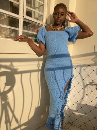 Azure Ruffle Slit Dress,Crochet dress pattern,Instant PDF pattern, Midi length crochet dress, crochet gown dress easy pattern, easy crochet