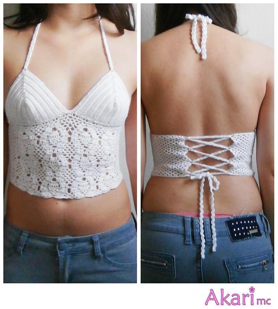 Pineapple motif top with corset back _ C18 Crochet pattern by AKARImc, Knitting Patterns