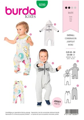 Burda Style Toddlers' Overalls – with Hood – with or without Sleeves – Crotch Fastening 9299 - Paper Pattern, Size 6M -3