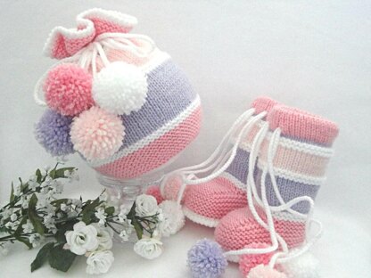 Knitting PATTERN Baby Hat Baby Booties Baby Set with Pompoms